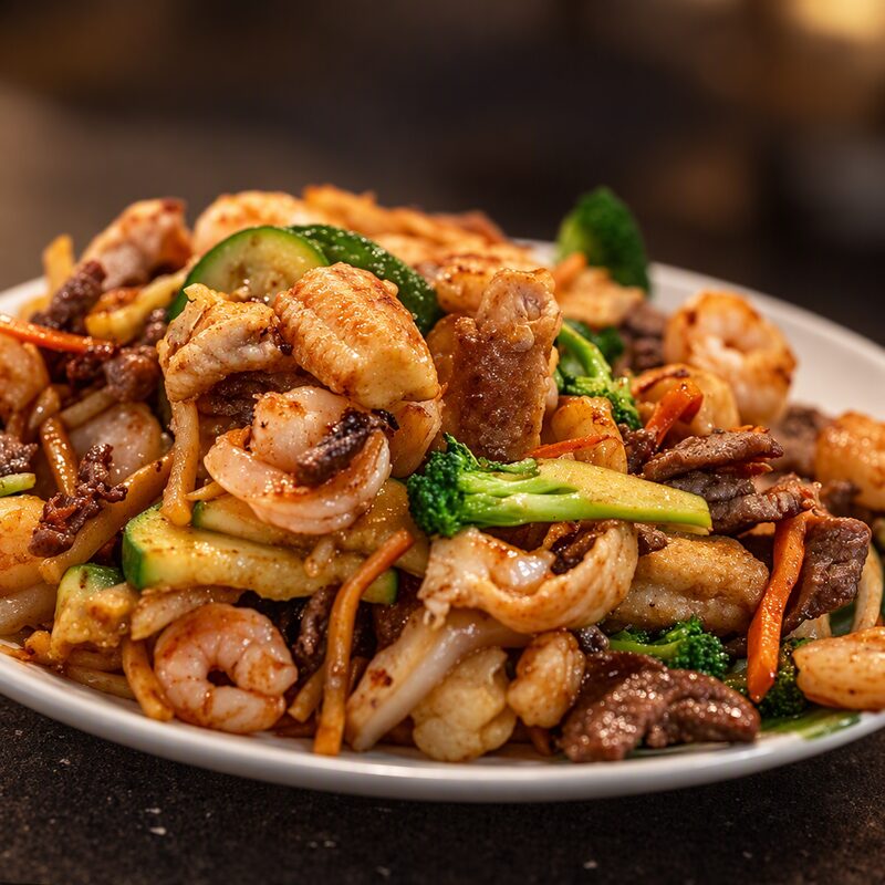Hibachi plate of shrimp, beef, squid and vegetables