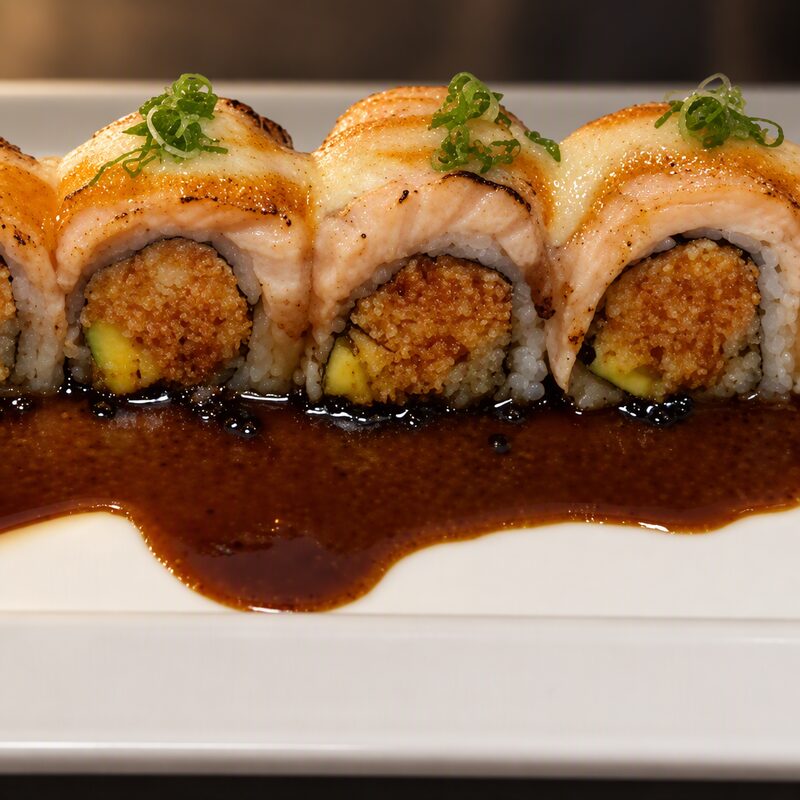 Seared salmon roll with eel sauce