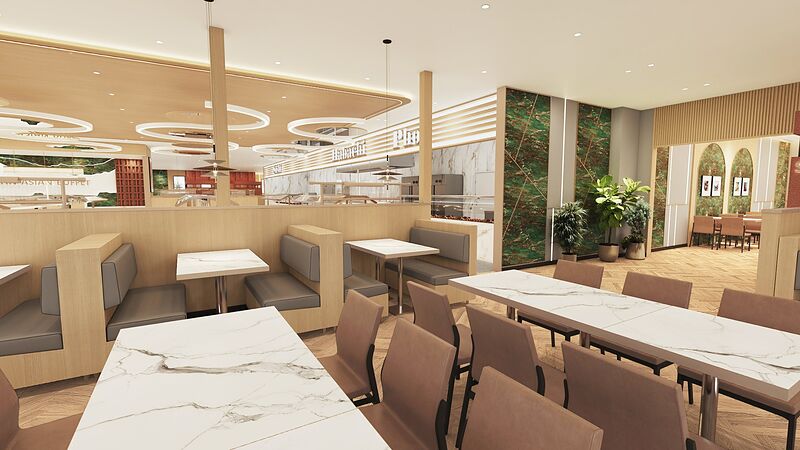 Dining room with booths and a green marble wall